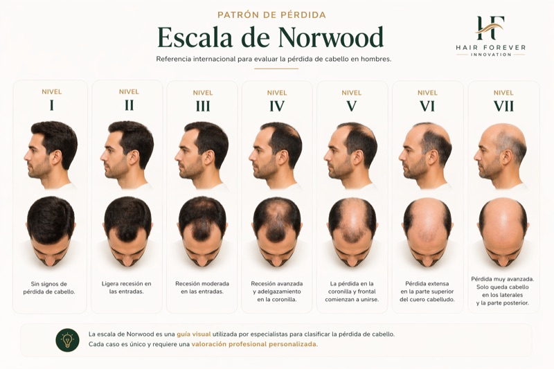 Escala de Norwood: 7 niveles de pérdida capilar en hombres, del nivel I (sin pérdida) al nivel VII (pérdida muy avanzada)
